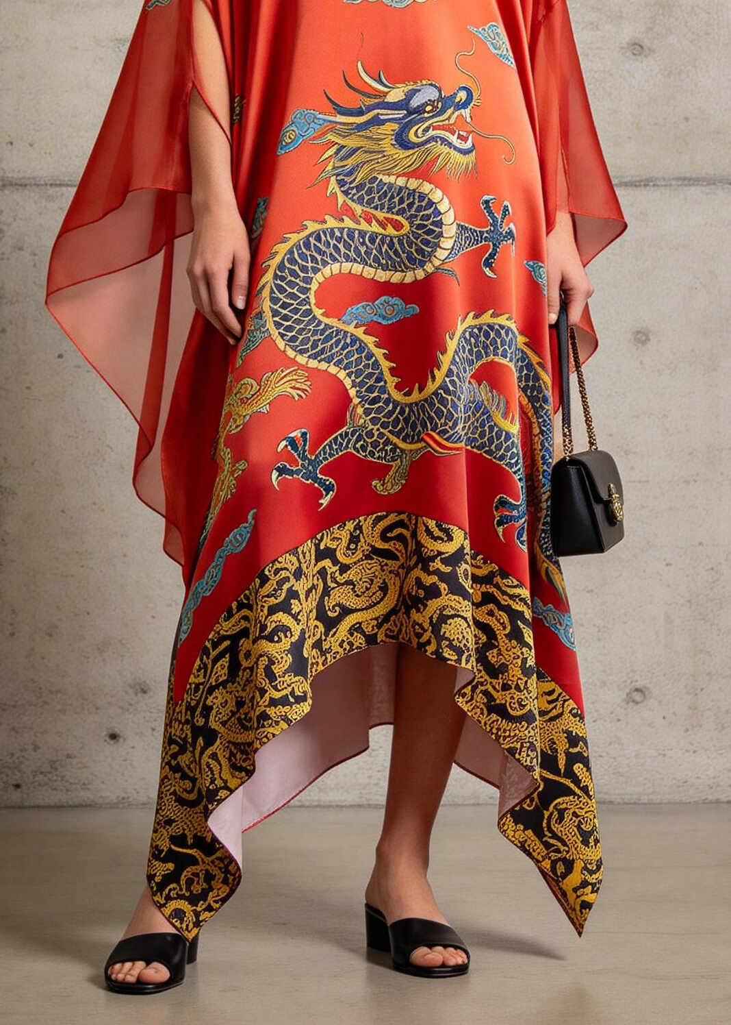 Women Red Oversized Print Silk Vacation Dresses Batwing Sleeve