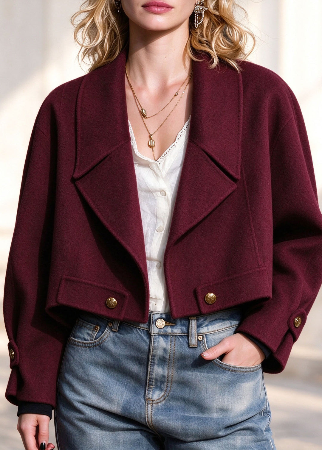 Women Red Patchwork Woolen Coats Long Sleeve