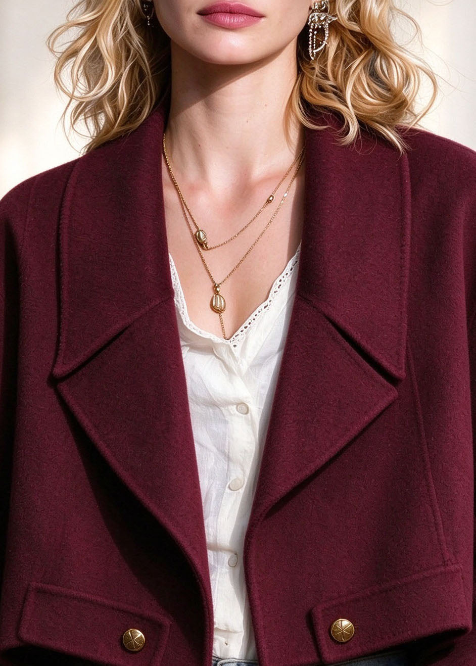 Women Red Patchwork Woolen Coats Long Sleeve