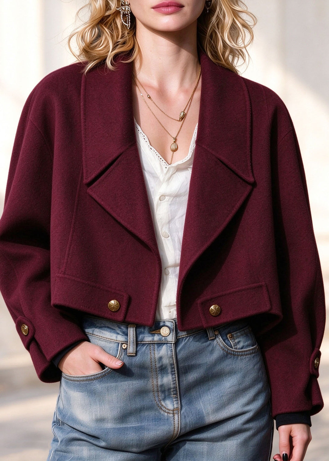 Women Red Patchwork Woolen Coats Long Sleeve