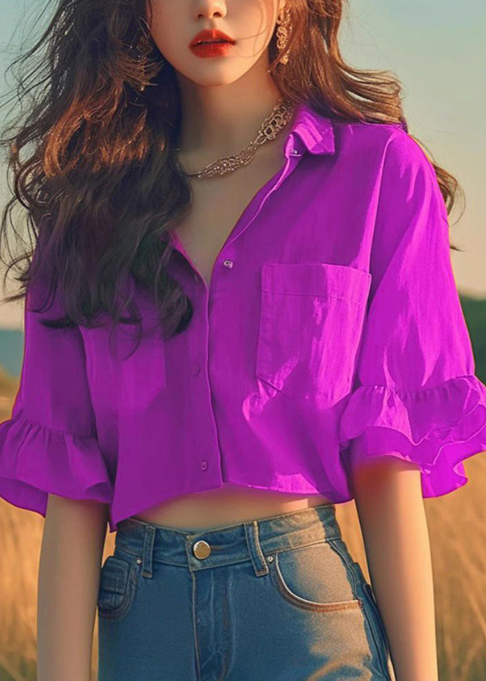 Women Red Peter Pan Collar Cotton Short Shirts Flare Sleeve