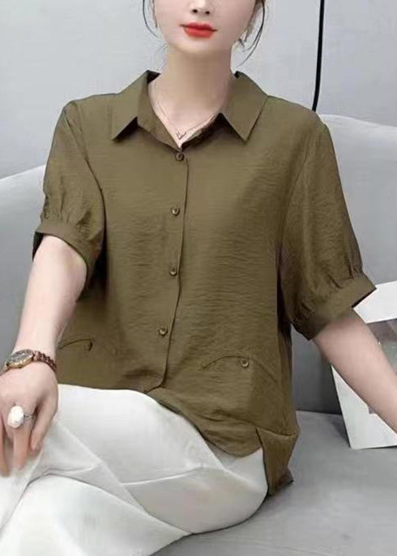 Women Red Peter Pan Collar Low High Design Silk Shirt Short Sleeve