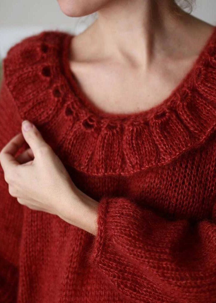 Women Red Peter Pan Collar Oversized Knit Pullover Winter