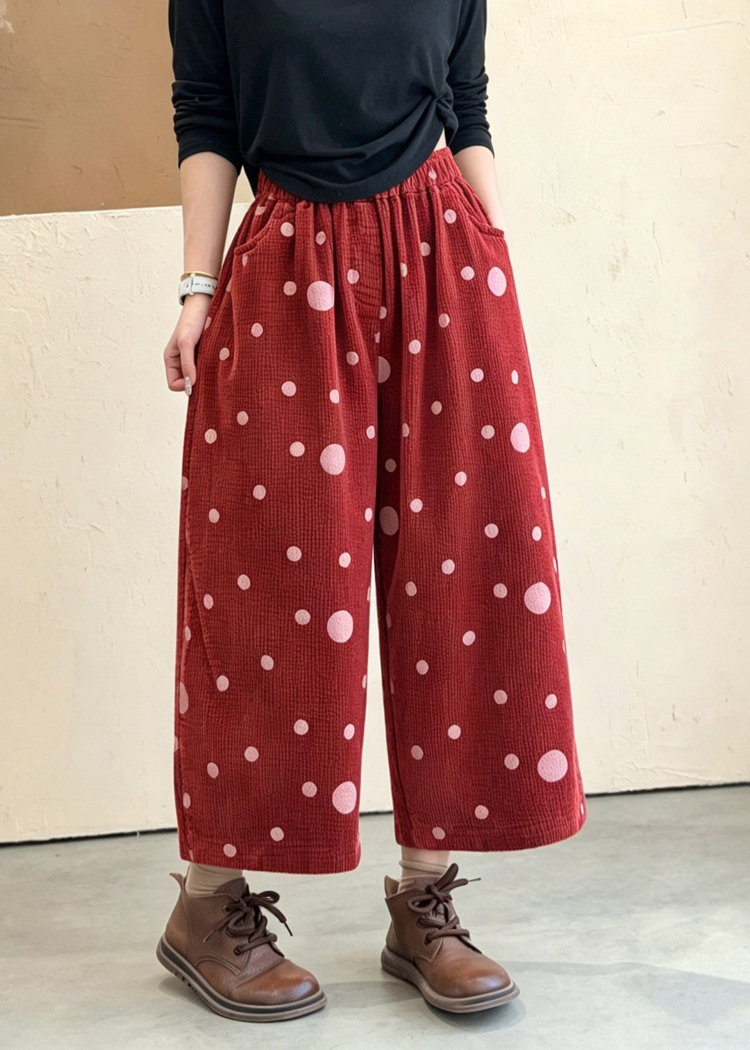 Women Red Pockets Polka Dot Print Elastic Waist Cuffed Corduroy Crop Pants Fall