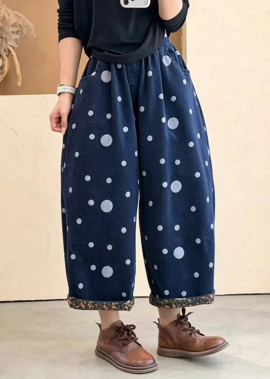 Women Red Pockets Polka Dot Print Elastic Waist Cuffed Corduroy Crop Pants Fall
