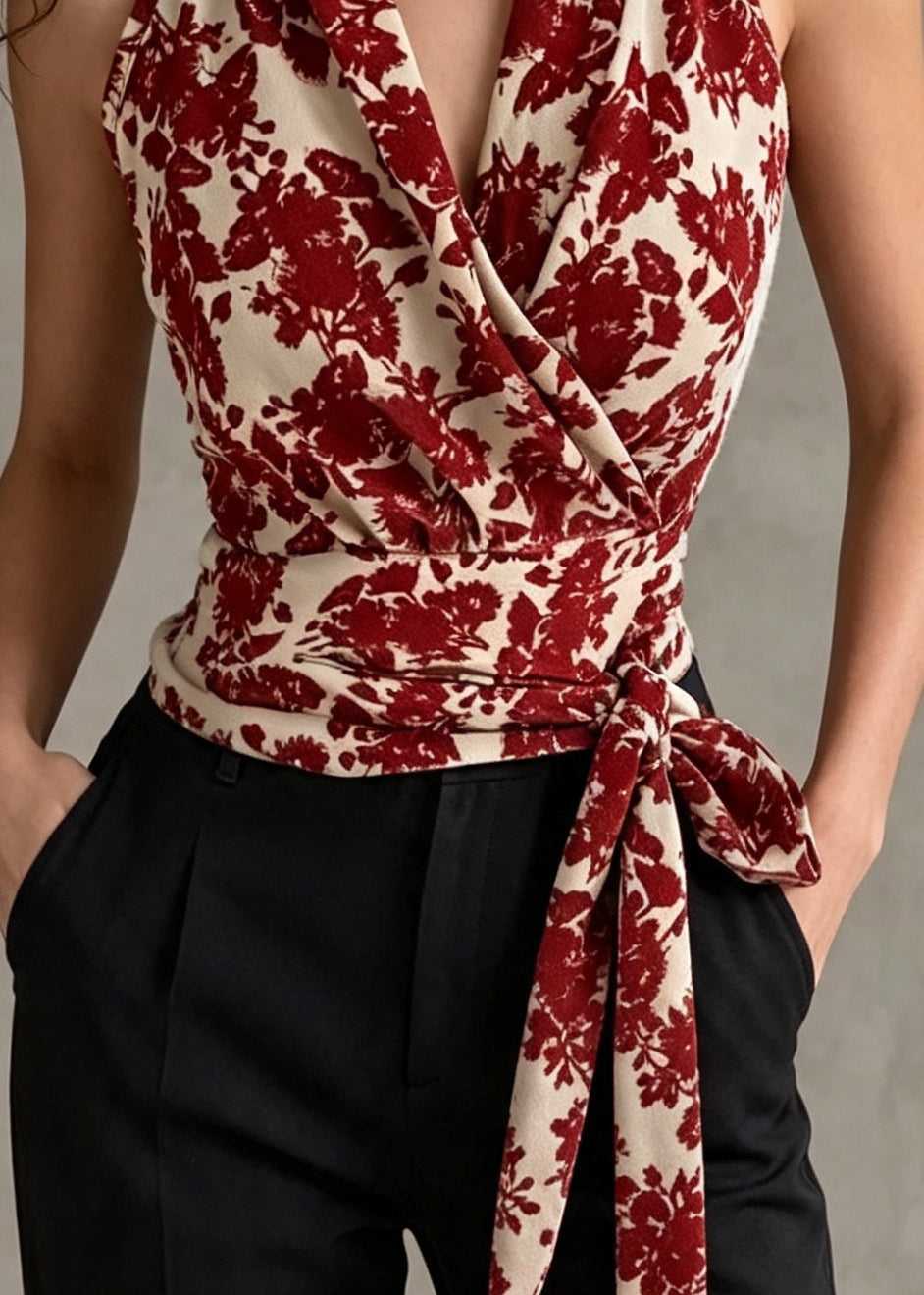 Women Red Print Tie Waist Chiffon Halter Tops Summer