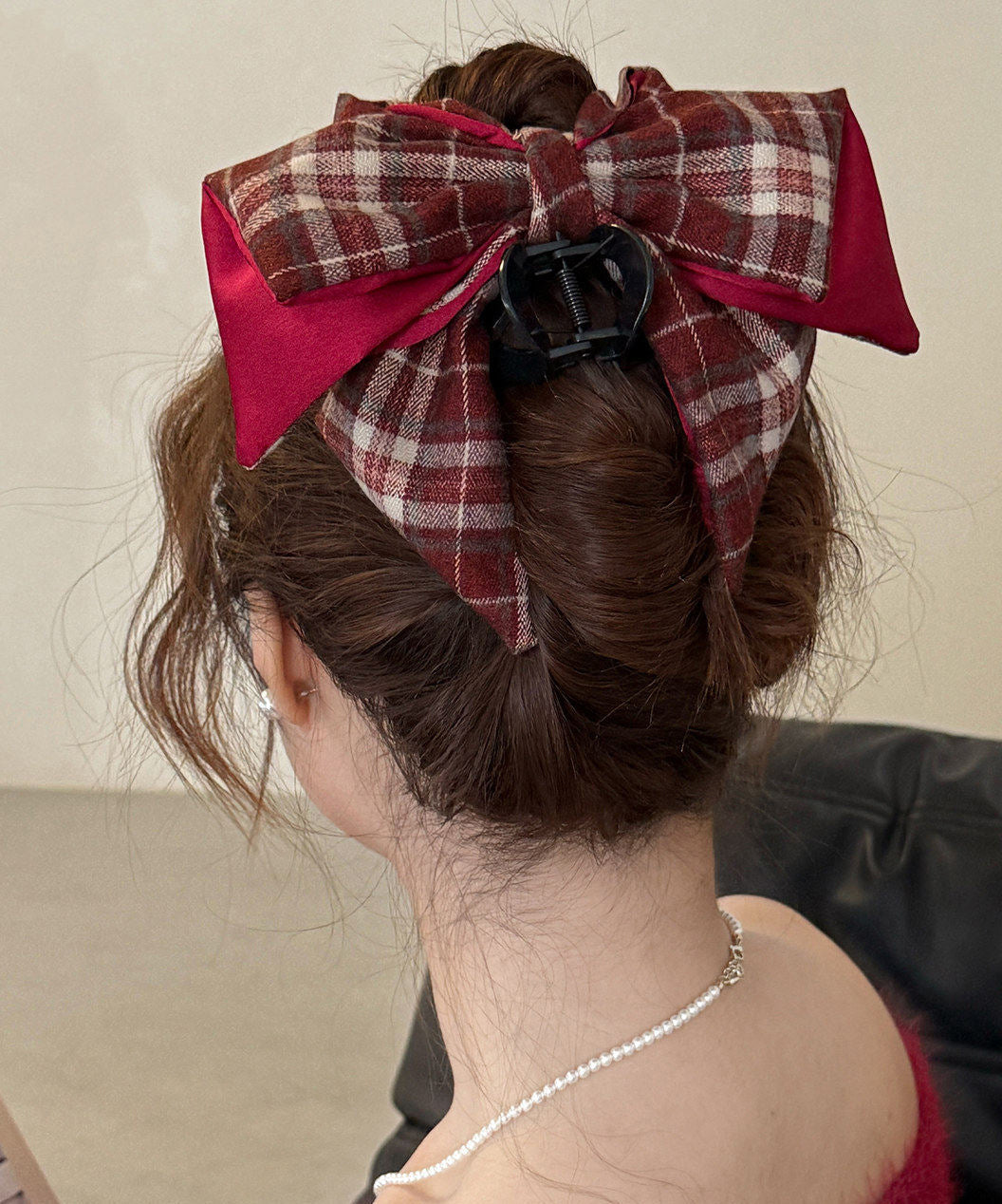 Women Red Resin Cotton Fabric Plaid Hairpin