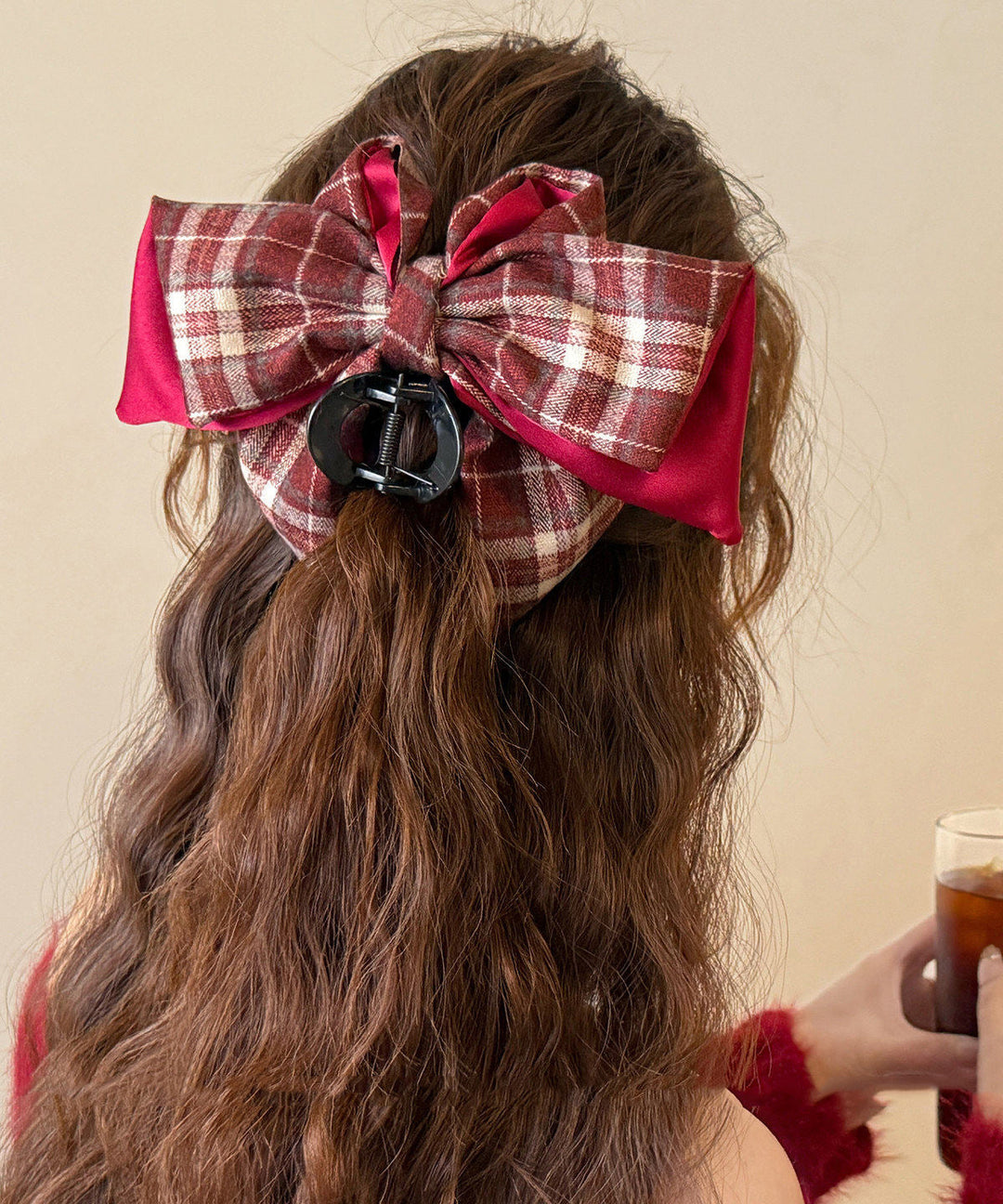 Women Red Resin Cotton Fabric Plaid Hairpin