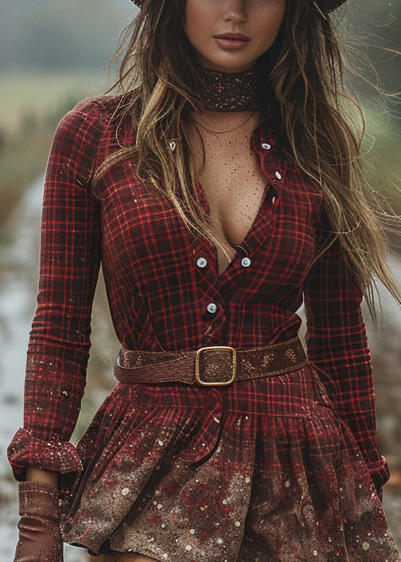 Women Red Ruffled Plaid Cotton Mini Dresses Long Sleeve