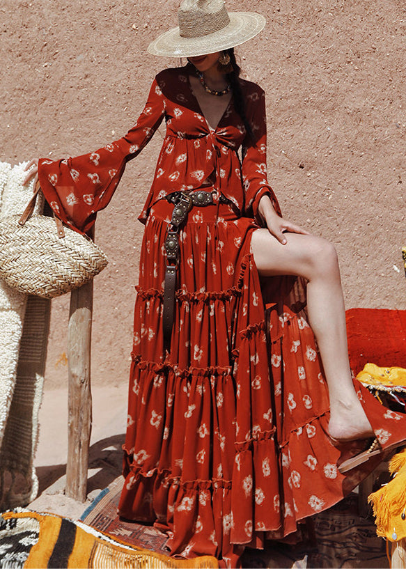 Women Red Ruffled Print Side Open Cotton Three-Piece Set Flare Sleeve