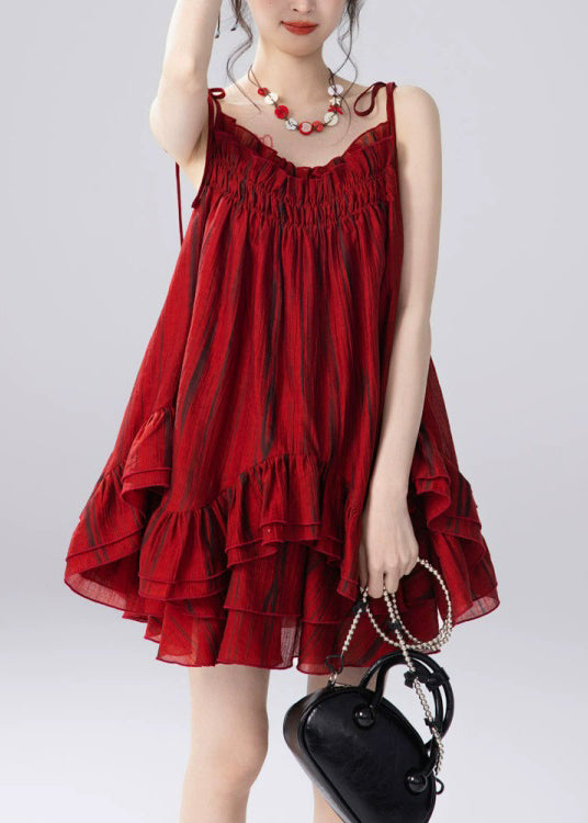 Women Red Ruffled Spaghetti Strap Top And Skirts Two Pieces Set Summer