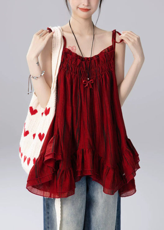 Women Red Ruffled Spaghetti Strap Top And Skirts Two Pieces Set Summer