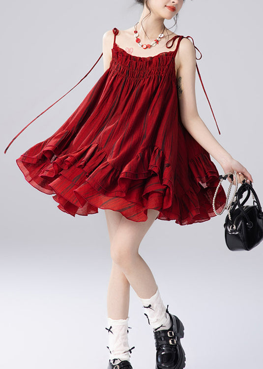 Women Red Ruffled Spaghetti Strap Top And Skirts Two Pieces Set Summer