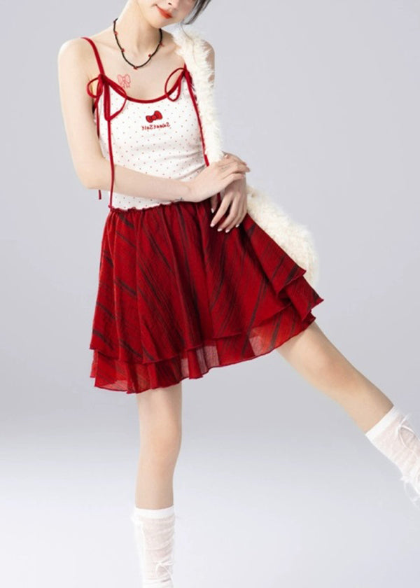 Women Red Ruffled Spaghetti Strap Top And Skirts Two Pieces Set Summer