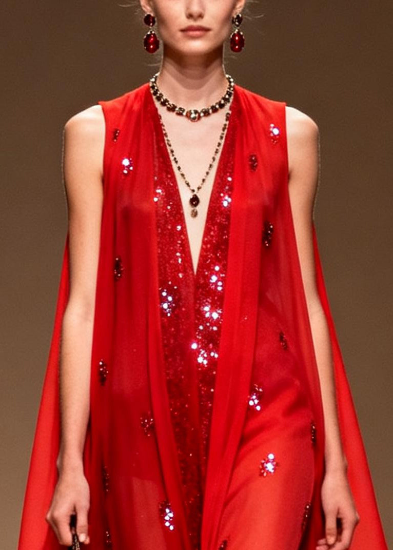 Women Red Sequins Rhinestone Chiffon Evening Dress Sleeveless
