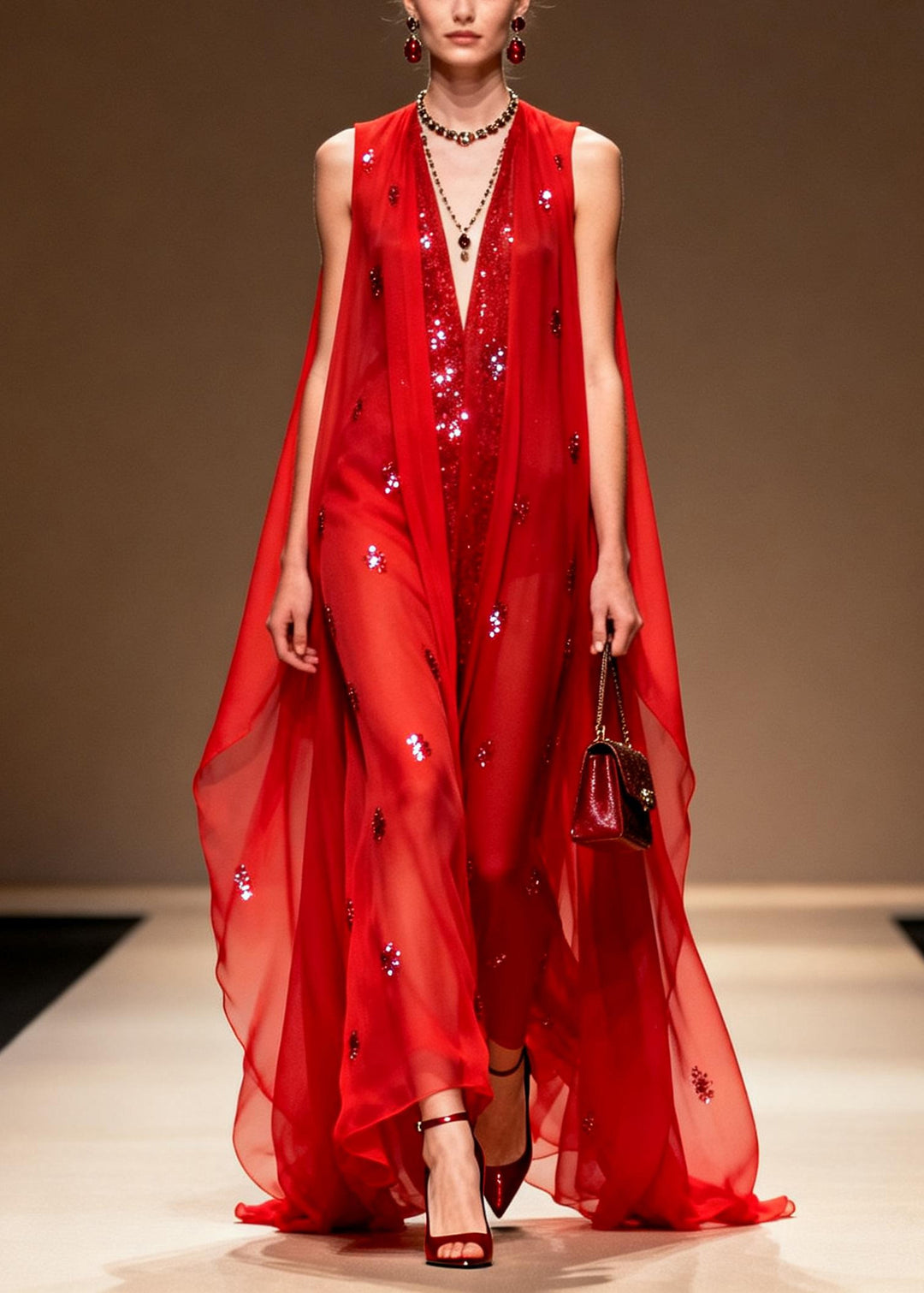 Women Red Sequins Rhinestone Chiffon Evening Dress Sleeveless