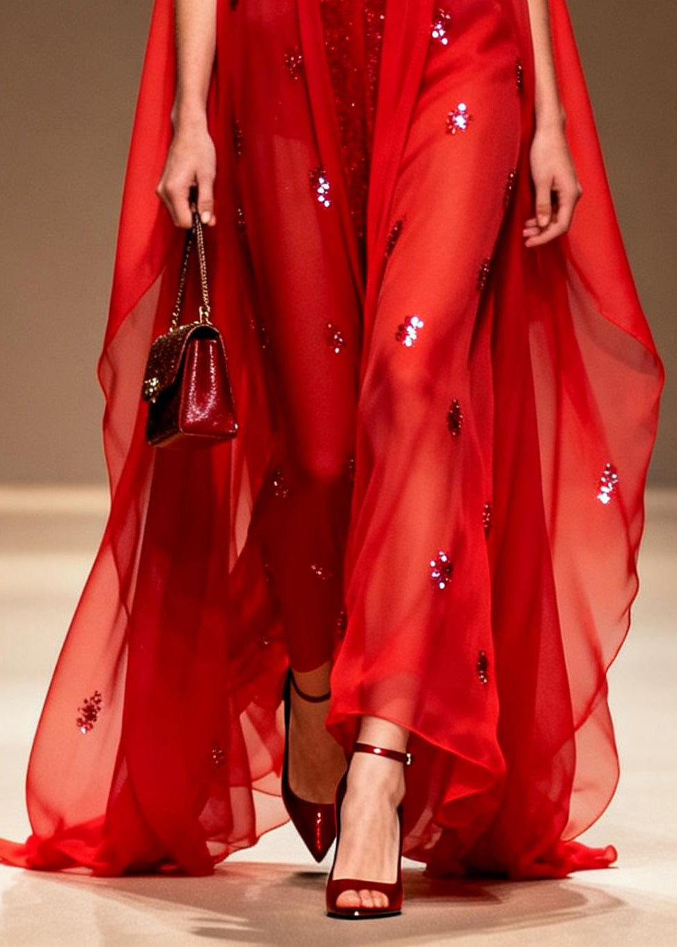 Women Red Sequins Rhinestone Chiffon Evening Dress Sleeveless
