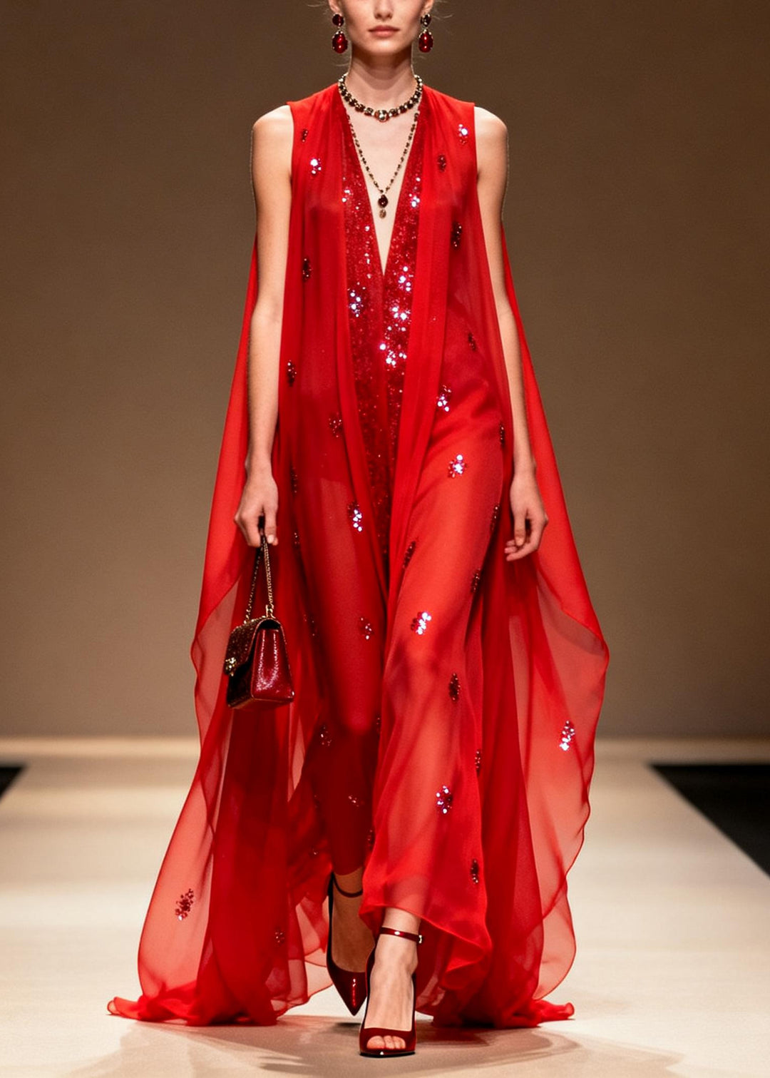 Women Red Sequins Rhinestone Chiffon Evening Dress Sleeveless