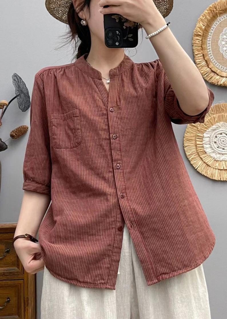 Women Red Stand Collar Striped Cotton Shirt Half Sleeve