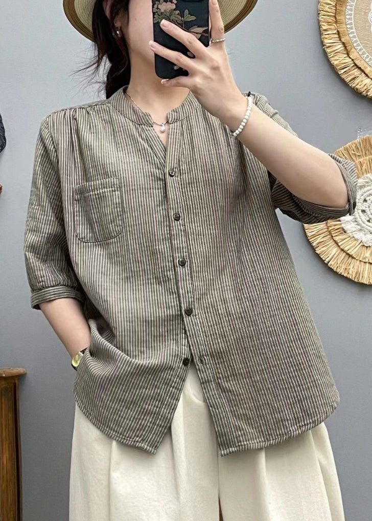Women Red Stand Collar Striped Cotton Shirt Half Sleeve