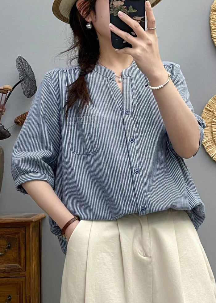 Women Red Stand Collar Striped Cotton Shirt Half Sleeve