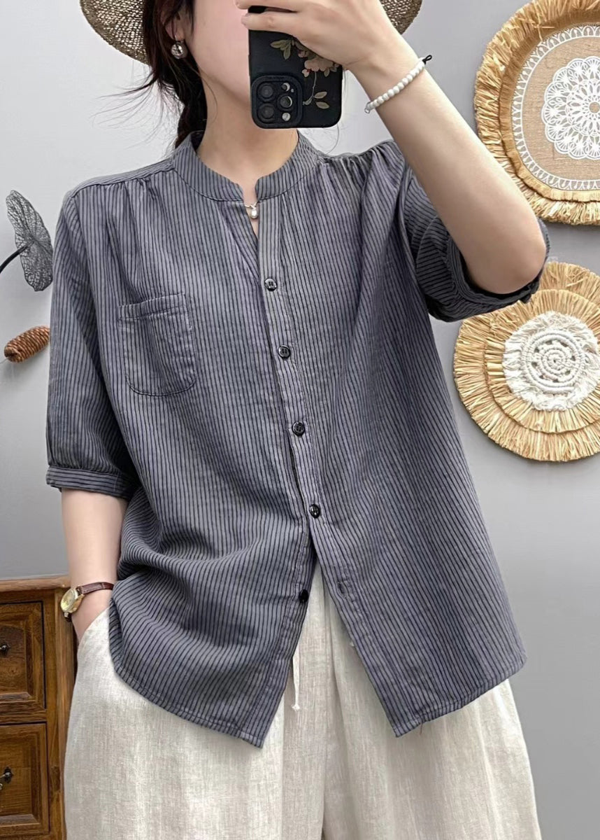 Women Red Stand Collar Striped Cotton Shirt Half Sleeve