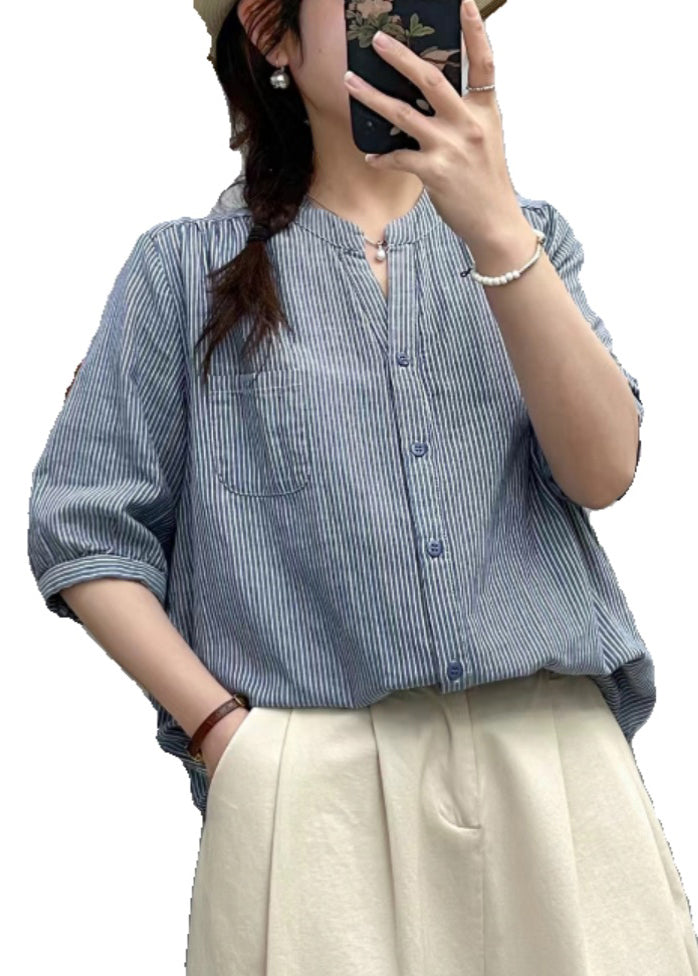 Women Red Stand Collar Striped Cotton Shirt Half Sleeve