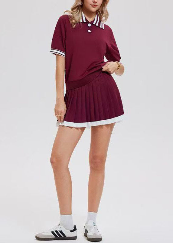 Women Red Striped Patchwork Button Tennis Sportswear Two-Piece Set Summer