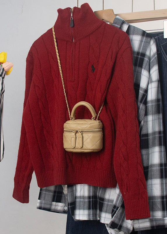 Women Red Turtleneck Zip Up Cable Knit Sweater Spring