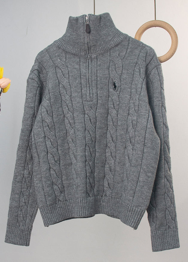 Women Red Turtleneck Zip Up Cable Knit Sweater Spring