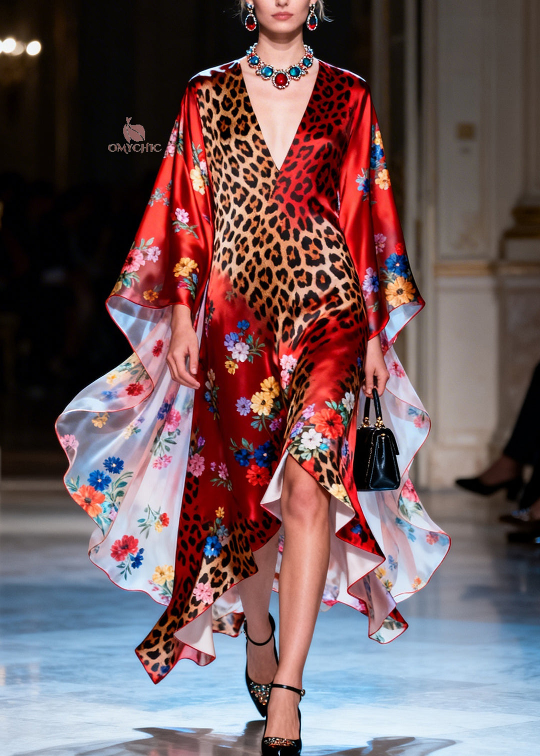 Women Red V Neck Asymmetrical Design Print Silk Dress Summer
