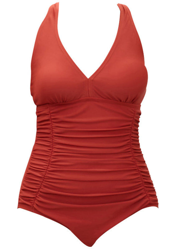 Women Red V Neck Backless Bodysuit Swimwear