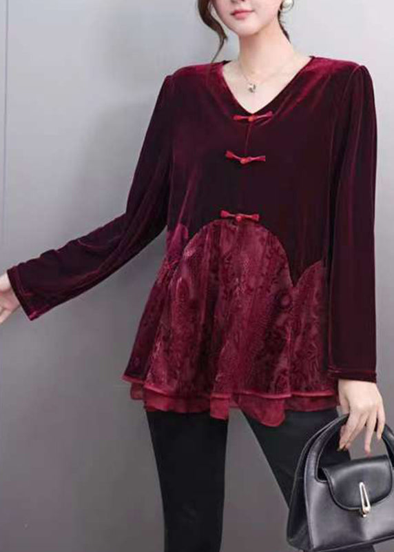 Women Red V Neck Lace Patchwork Silk Velour Top Spring