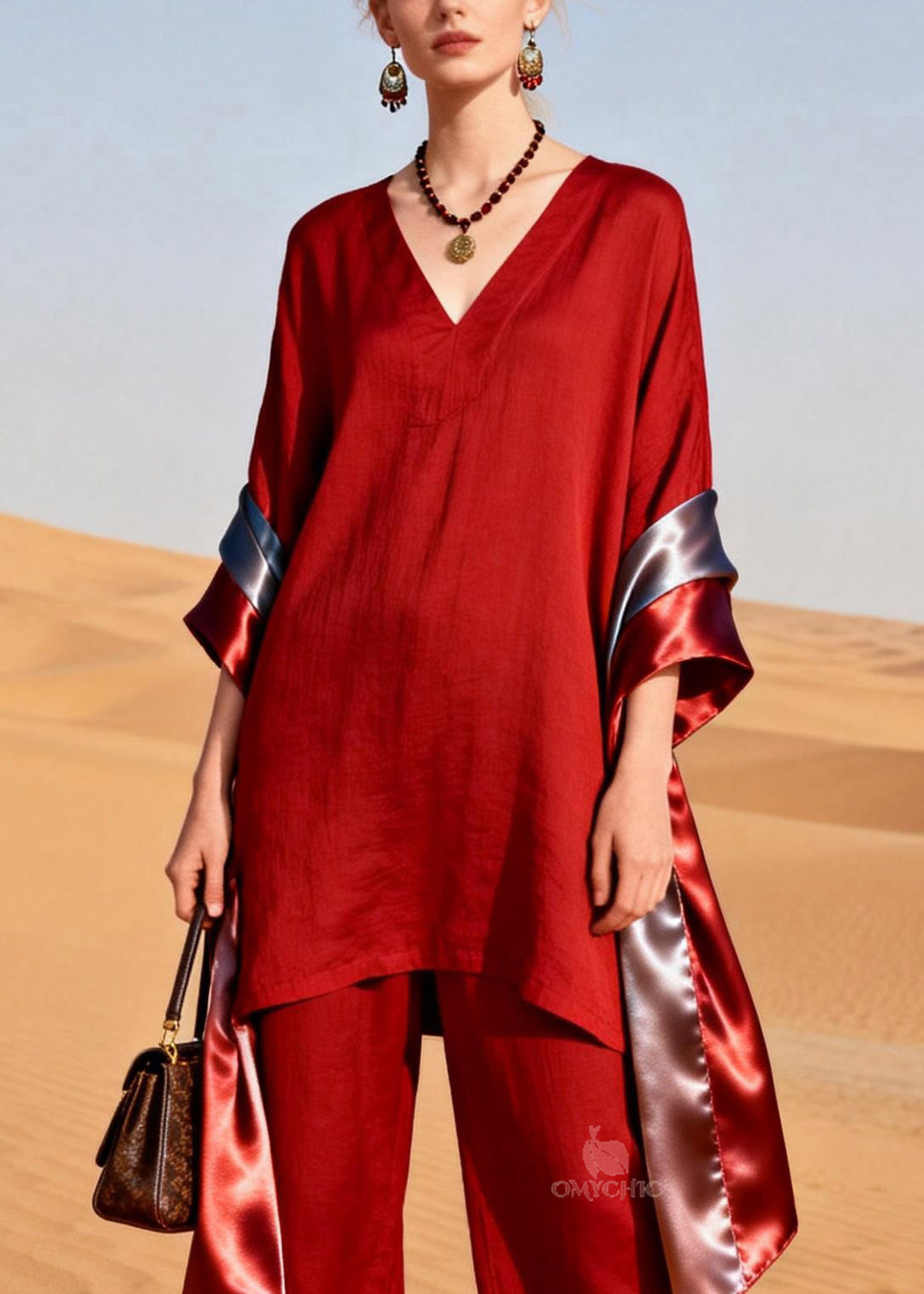 Women Red V Neck Patchwork Linen Silk Two Pieces Set Summer