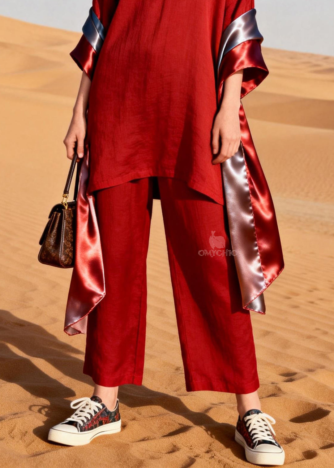 Women Red V Neck Patchwork Linen Silk Two Pieces Set Summer