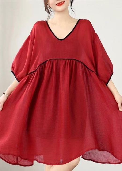 Women Red V Neck Patchwork Plus Size Cotton Dress Summer