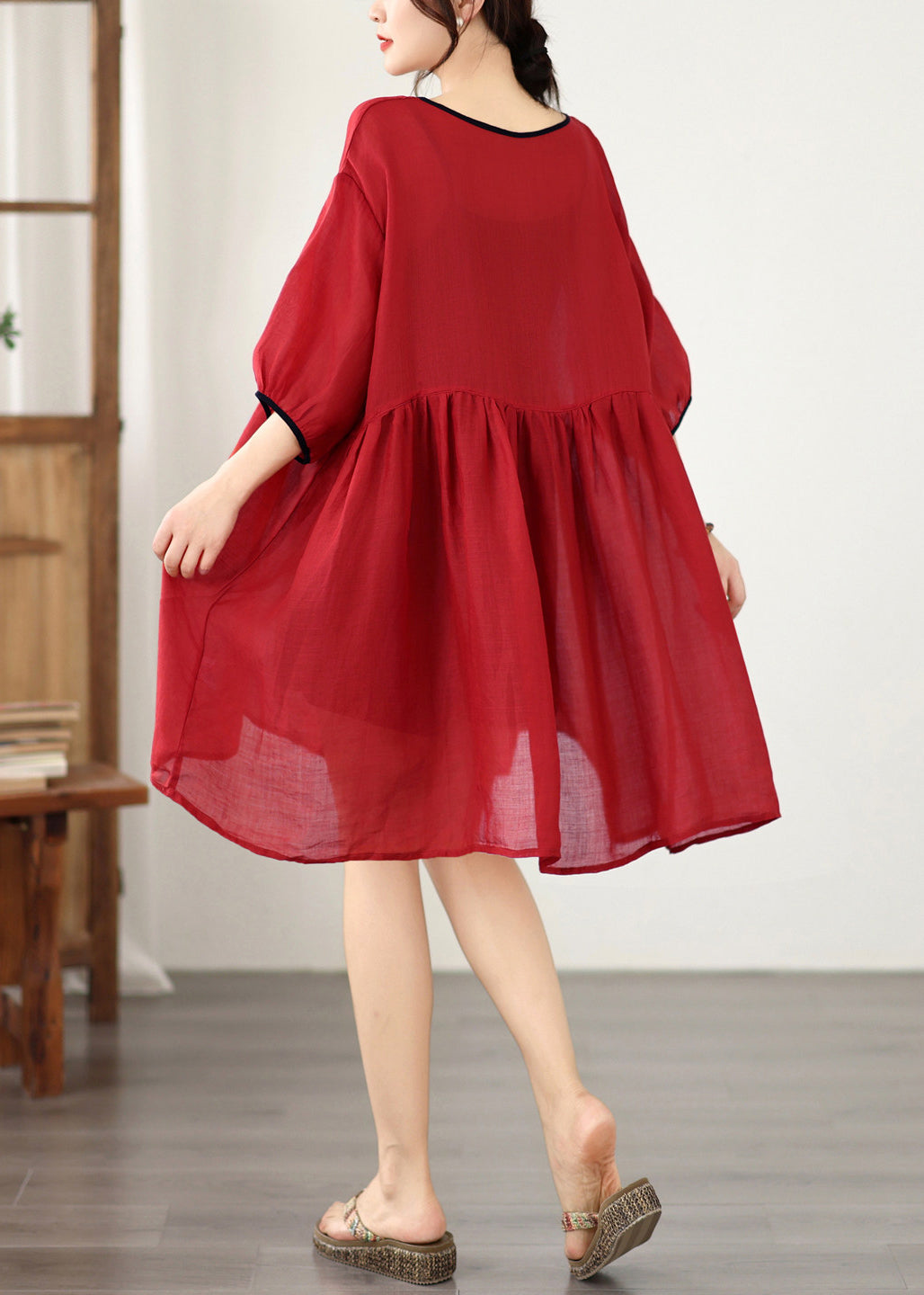 Women Red V Neck Patchwork Plus Size Cotton Dress Summer