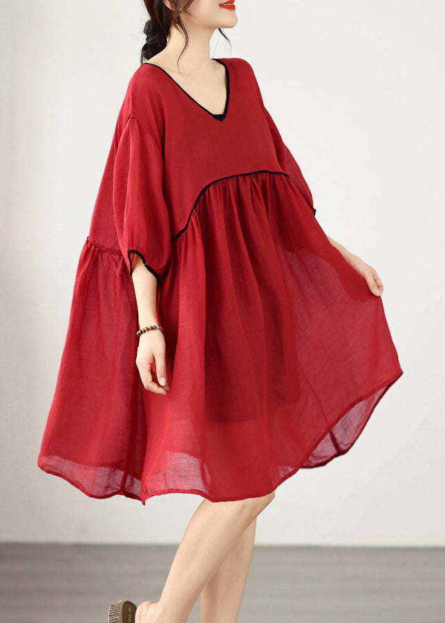 Women Red V Neck Patchwork Plus Size Cotton Dress Summer