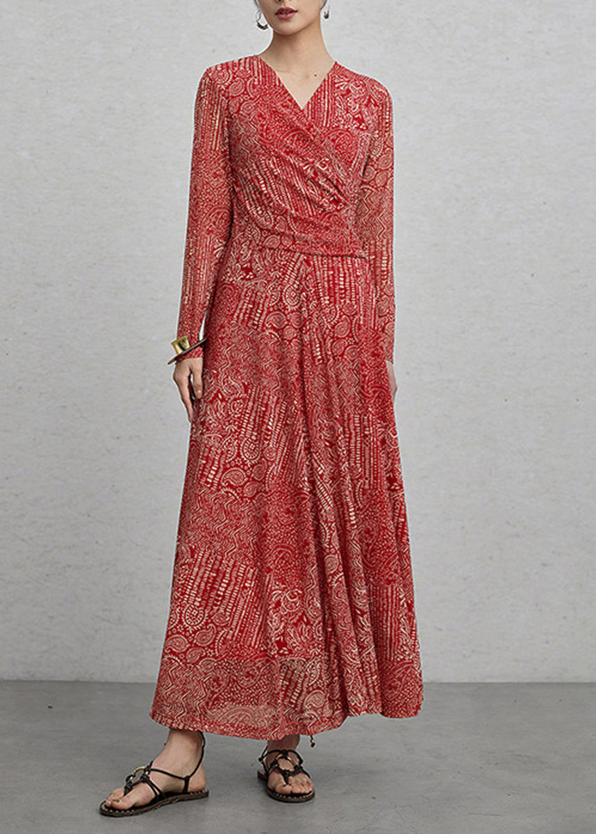 Women Red V Neck Print Ankle Dress Spring