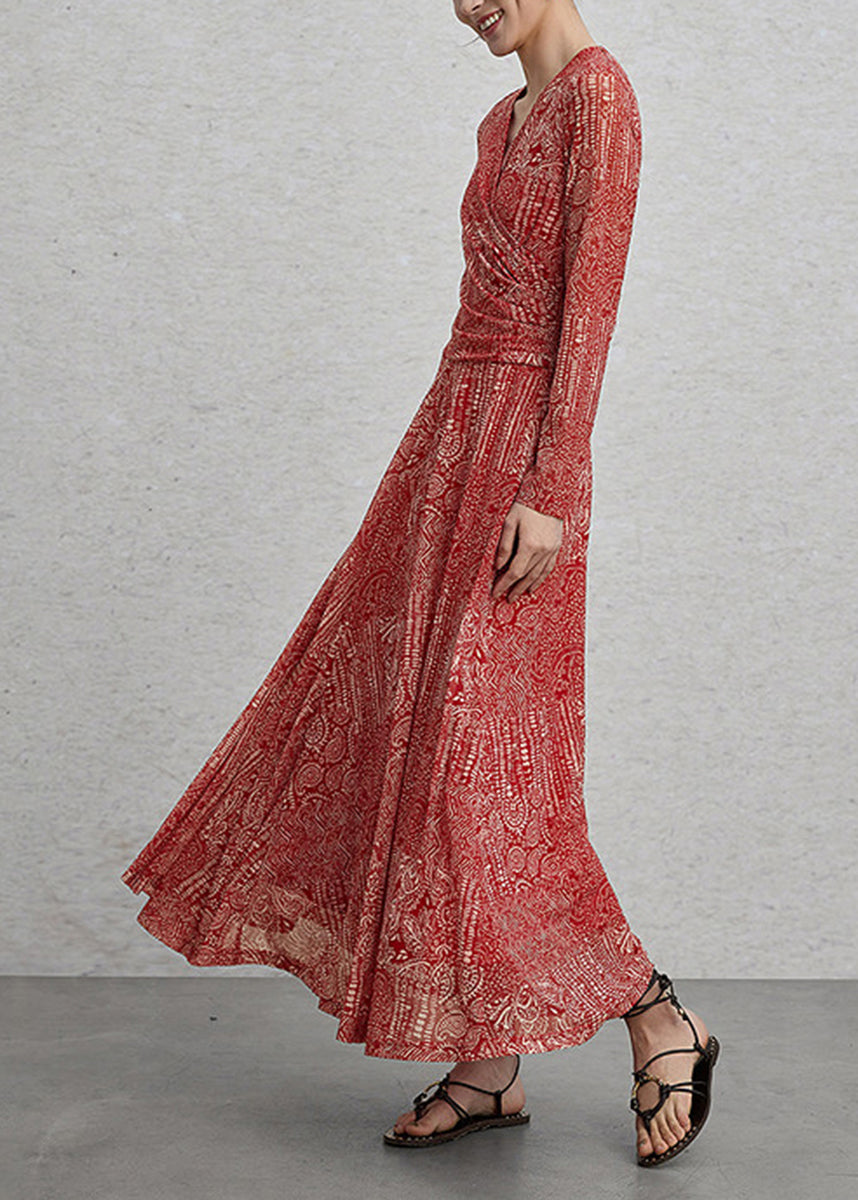Women Red V Neck Print Ankle Dress Spring