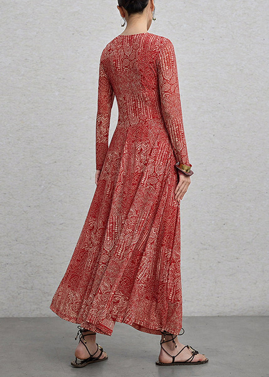 Women Red V Neck Print Ankle Dress Spring