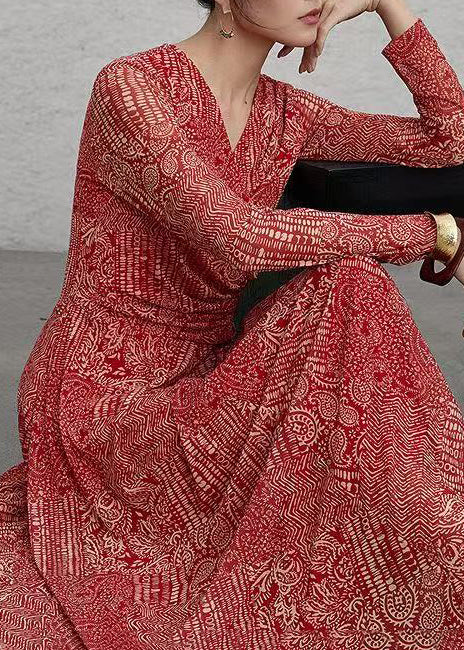 Women Red V Neck Print Ankle Dress Spring