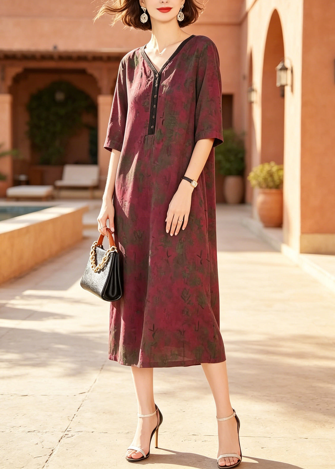 Women Red V Neck Print Patchwork Silk Dresses Summer
