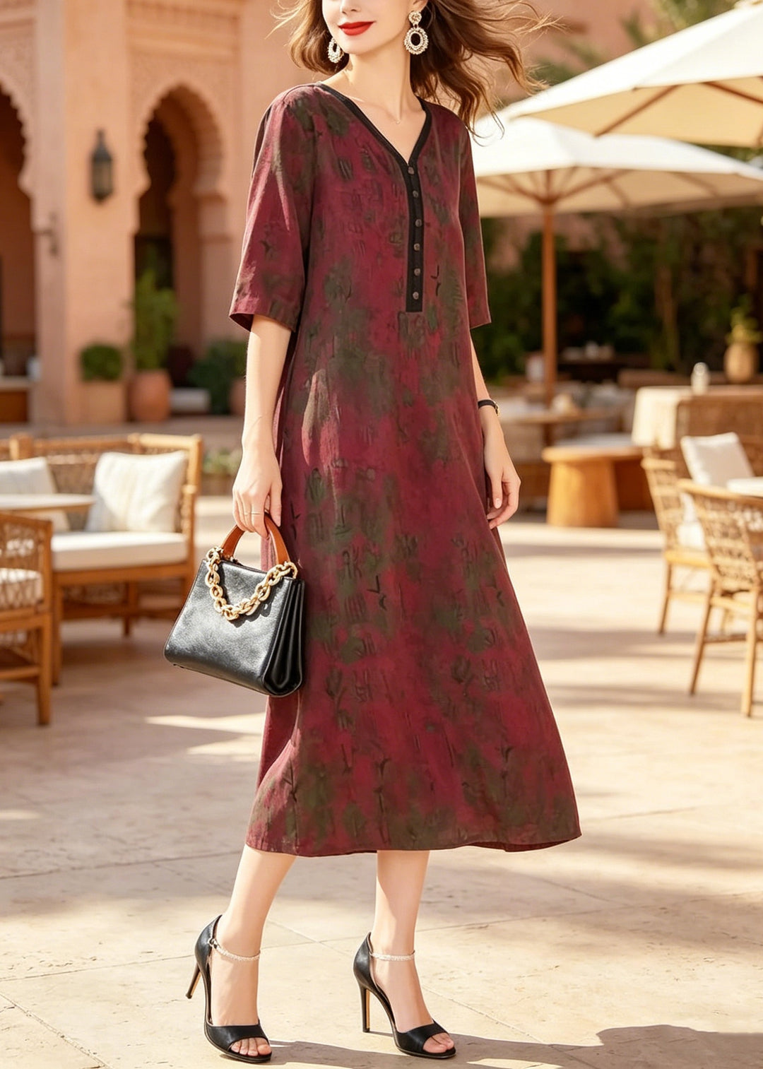Women Red V Neck Print Patchwork Silk Dresses Summer