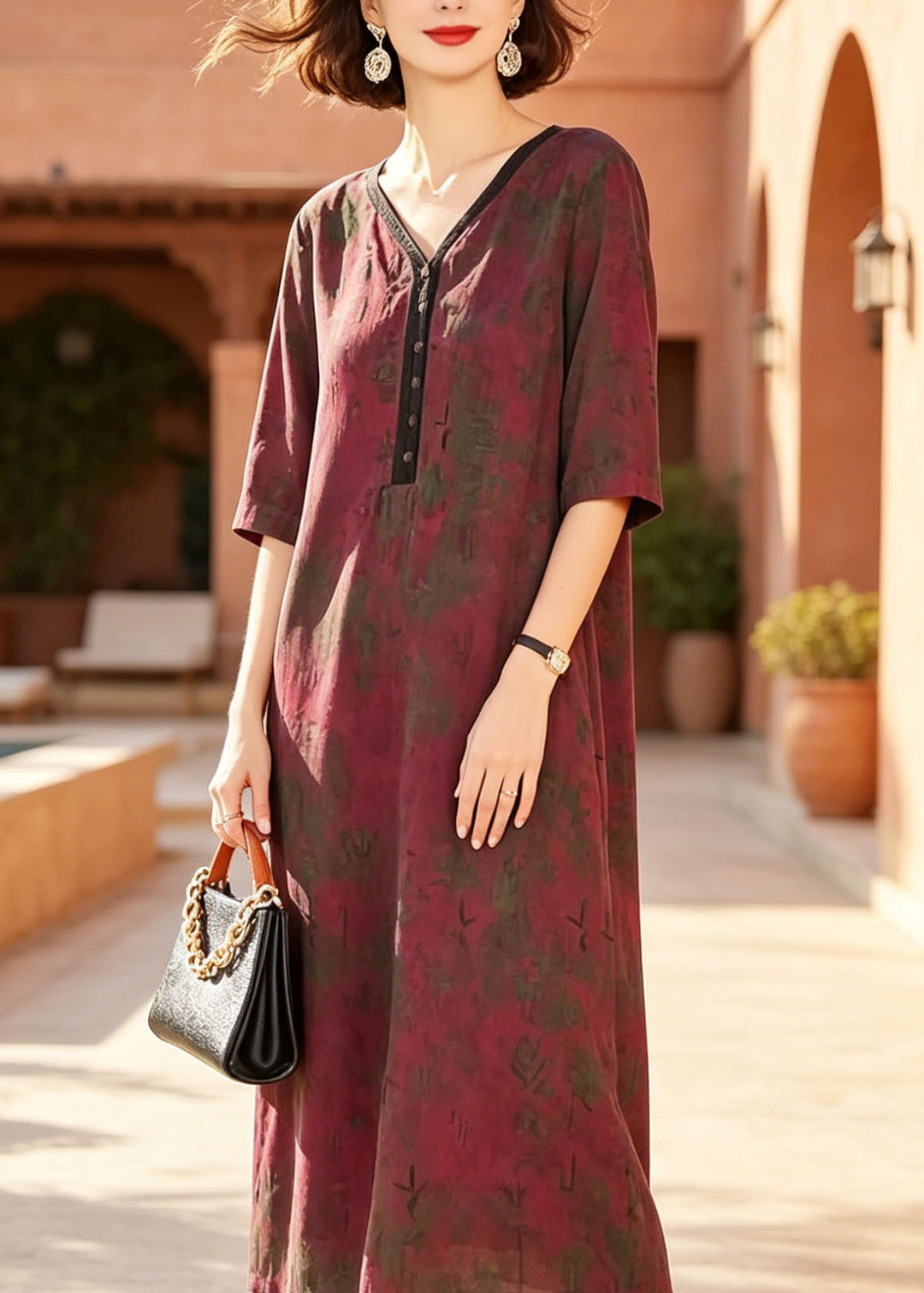 Women Red V Neck Print Patchwork Silk Dresses Summer