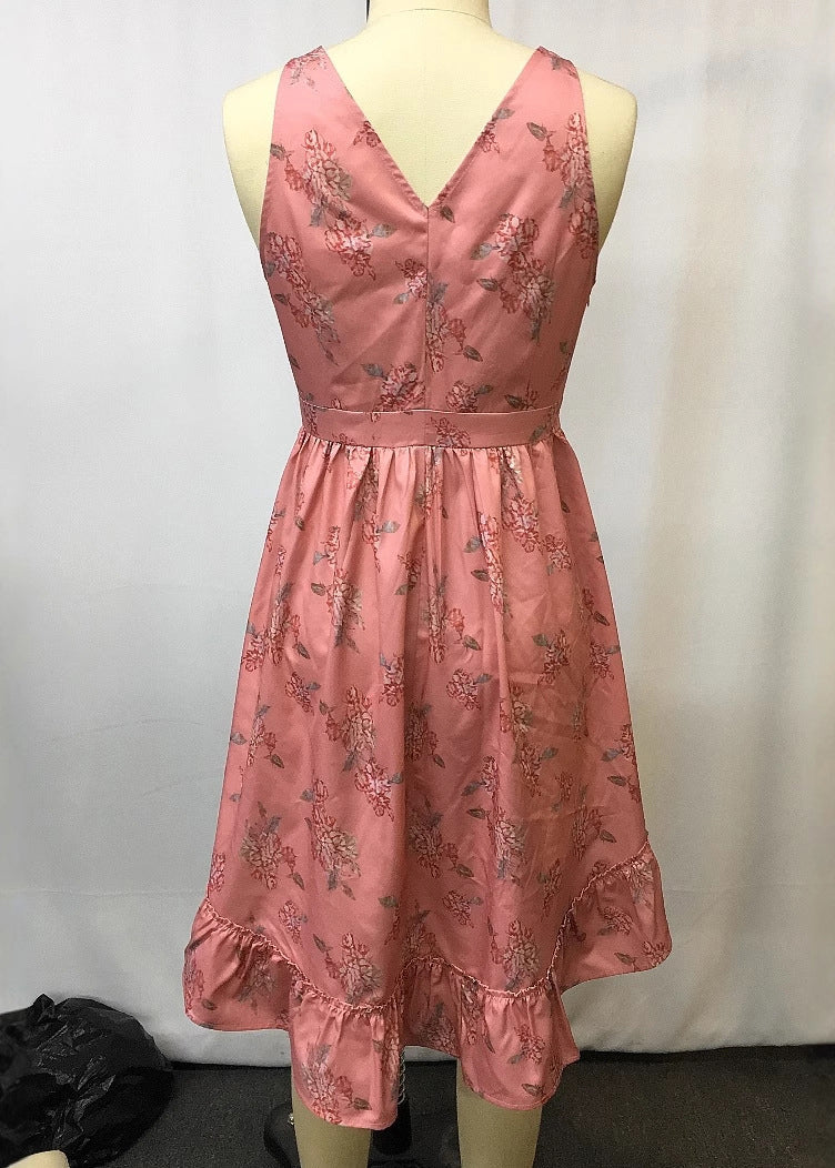 Women Red V Neck Print Tie Waist Mid Dresses Summer