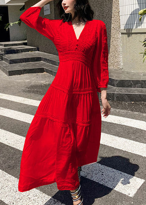 Women Red V Neck Wrinkled Solid Cotton Long Dress Spring
