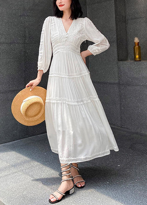 Women Red V Neck Wrinkled Solid Cotton Long Dress Spring