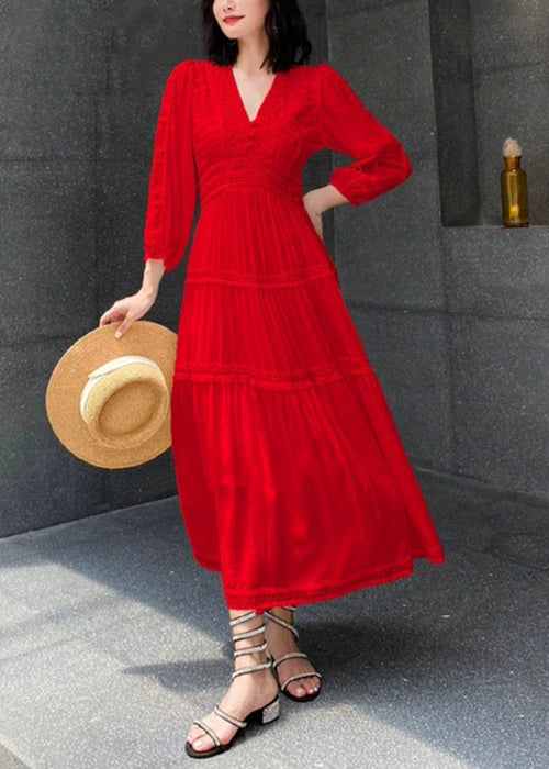 Women Red V Neck Wrinkled Solid Cotton Long Dress Spring