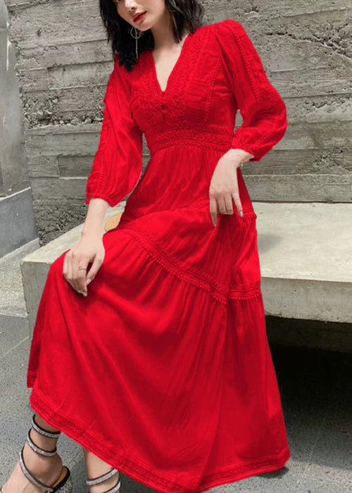 Women Red V Neck Wrinkled Solid Cotton Long Dress Spring